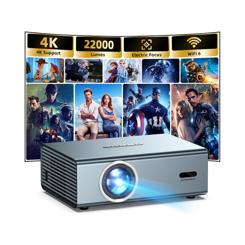 Projecteur de soutien 4K avec Wi-Fi 6 et Bluetooth 5,3, projecteur de film natif d'extérieur 1 080P, correction automatique de la distorsion trapézoïdale, foyer électrique, jeu vidéo portatif