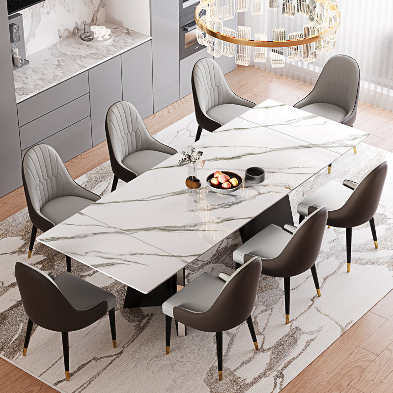 Ensemble de table de salle à manger en faux marbre Modern Modern, Beige/brun, Blanc montagne enneigée