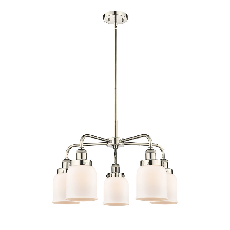 Lustre en verre à 5 lumières Bell, Blanc mat, Nickel poli