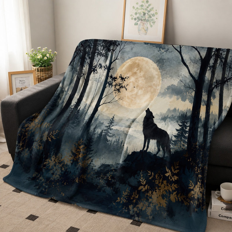 Plaid en peluche douce et légère, motif forêt et loup au clair de lune, idéal pour canapé, lit, chambre à coucher, salon et décoration intérieure.