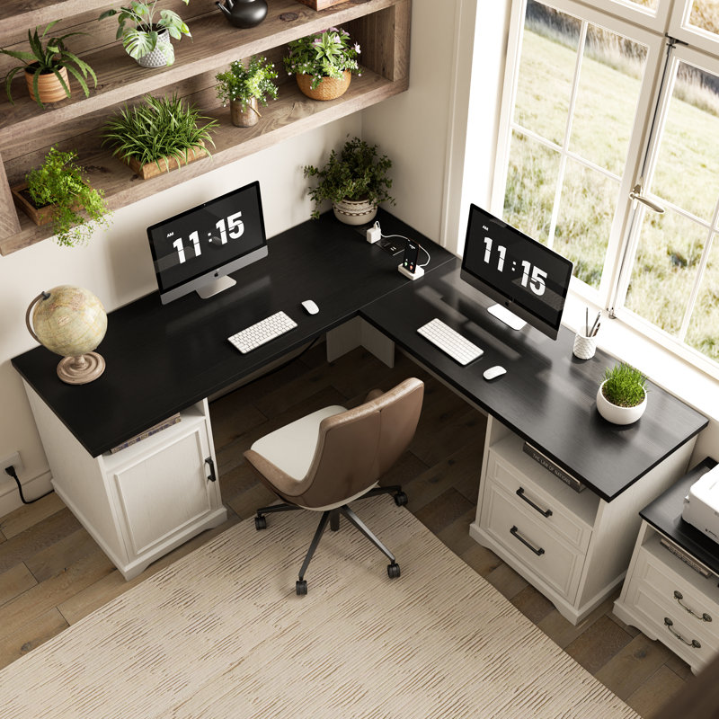 60‘’ L Shaped Desk with Wooden Drawers, Black, White