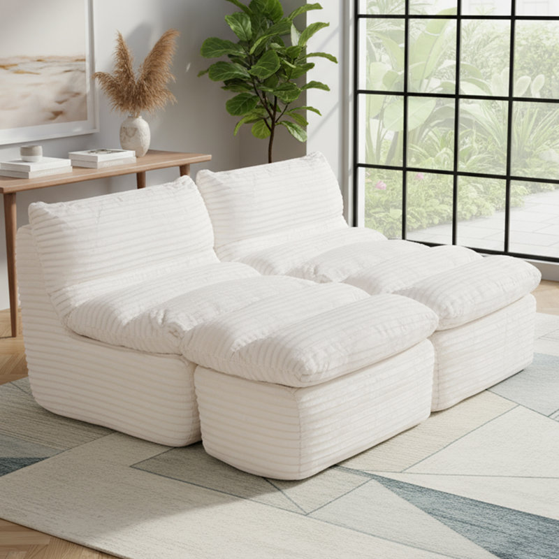 Memory Foam Sofa Chair with Ottoman, Single Sofa, Corduroy Lounger for Living Room, Beige