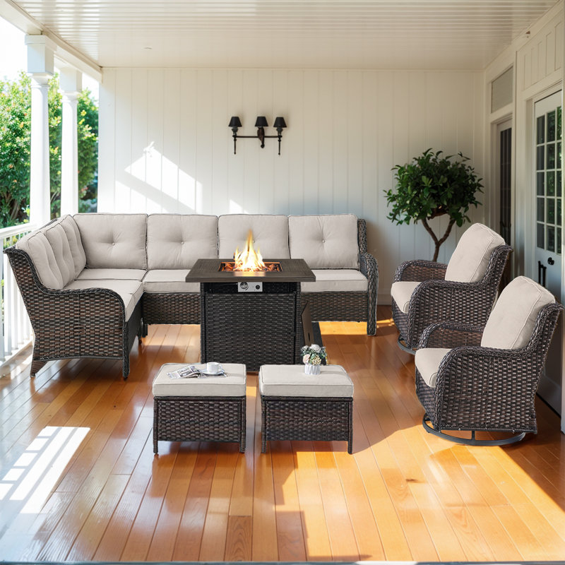 Bonia 10-Person Gliding Outdoor Sectional Seating Group with Cushions, Brown, Beige