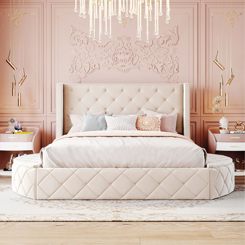Lit plateforme capitonné avec rangement, Beige