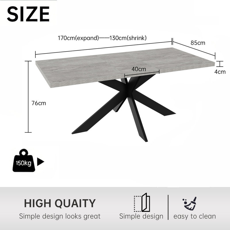 Extendable Dining Table, 130-170 cm Extendable Gray Tabletop with Metal U-Shape Base, Modern Style Table for Dining Room Kitchen