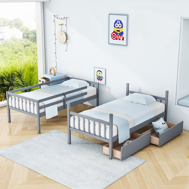 Lit superposé en bois avec 2 tiroirs, gris, Simple sur simple