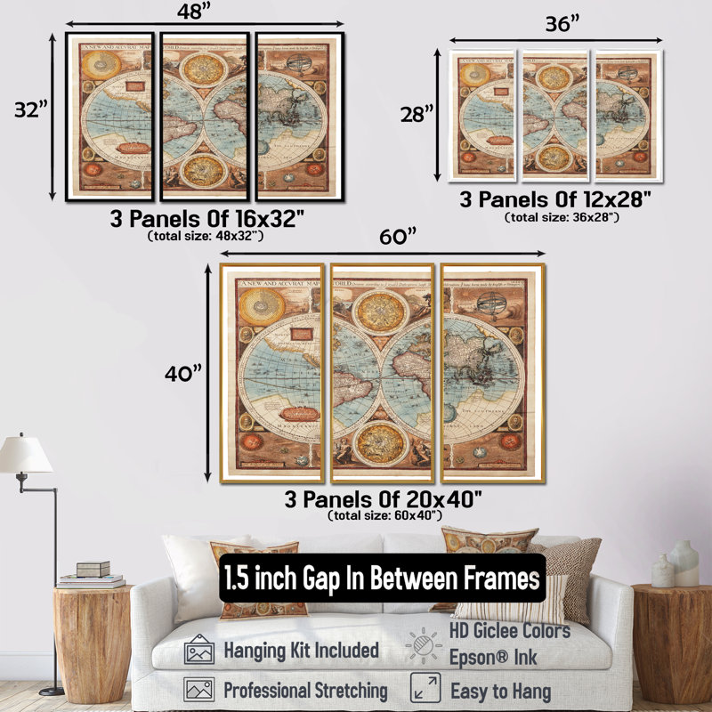 Ancienne carte du monde, impression sur toile, cadre flottant 3 pièces, L 48 po x H 32 po, Brun
