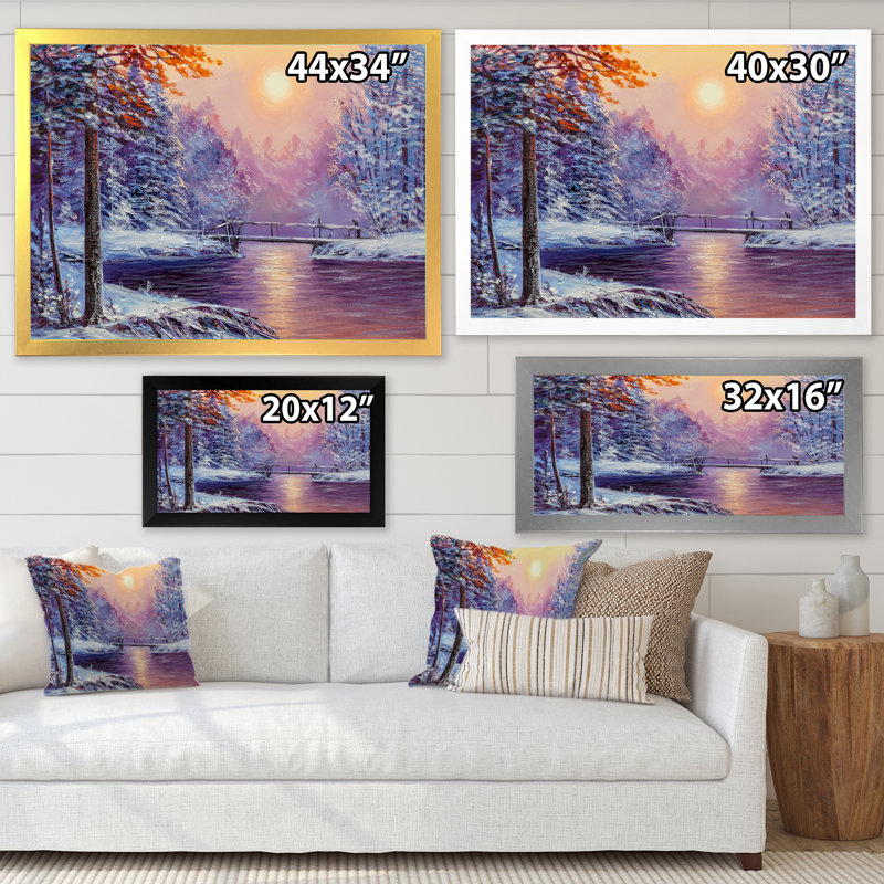 Coucher de soleil sur un pont de rivière d'hiver, art mural traditionnel sur toile, Cadre photo noir