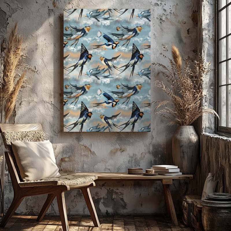 Toile d'un motif fantaisiste mettant en vedette une variété d'oiseaux stylisés en vol, H 40 po x l 30 po