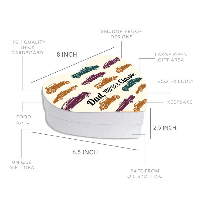 Coffret-cadeau en forme de cœur «Happy Father's Day» avec couvercle, papa, vous êtes une voiture rétro classique, boîte de cœur réutilisable, paquet de 1
