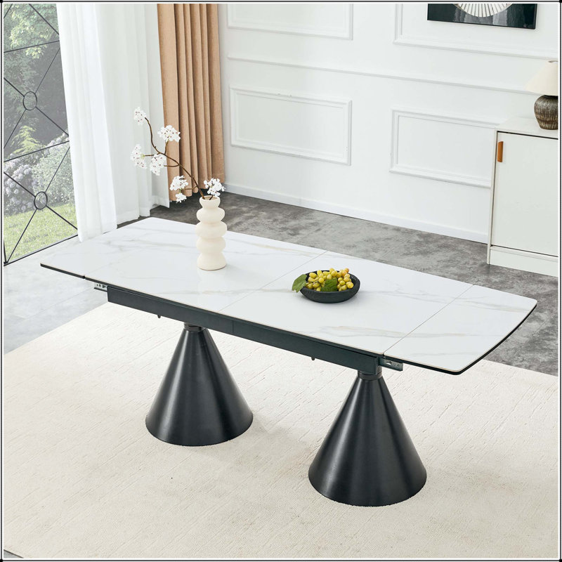 Table de salle à manger extensible à motif de marbre avec pieds fuselés noirs, White / Black