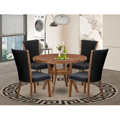 Ensemble de salle à manger 5 pièces pour 4 personnes comprenant une table ronde de 48 po avec piédestal et 4 chaises parsons en tissu de lin noir, noyer antique