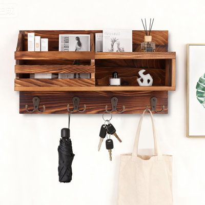 Key And Mail Holder For Wall, Mail Organizer Wall Mount With Shelf, Farmhouse Entryway Decor For Organizing A4 Bags,Wallet, Dog Leash, Sunglass (Brown)