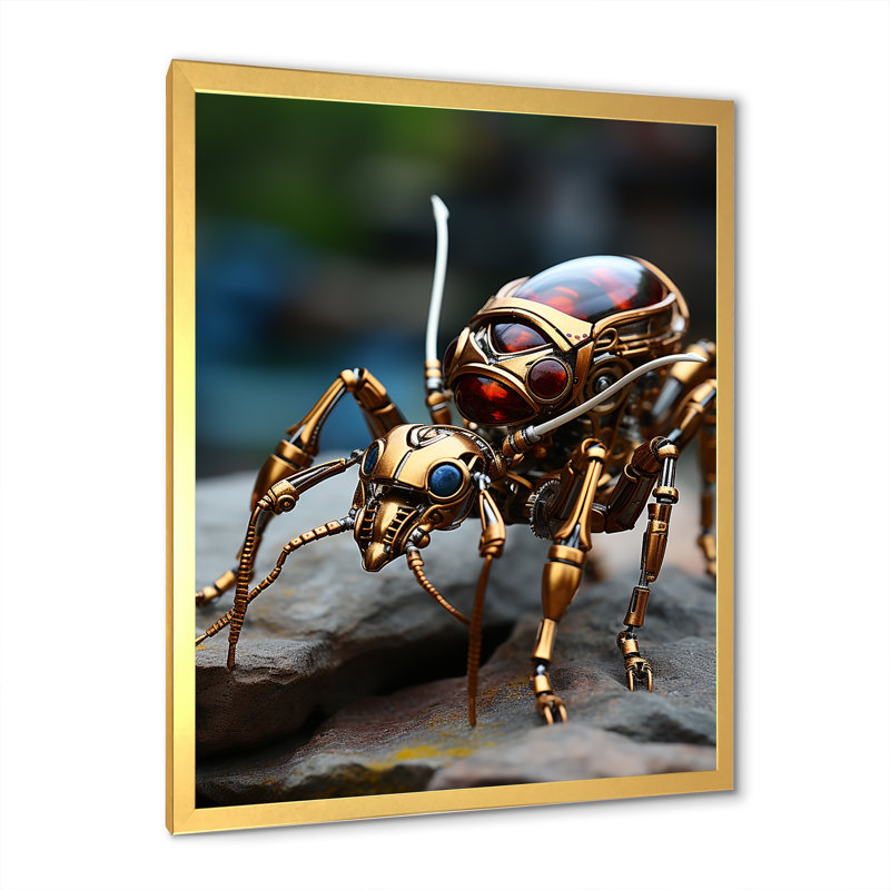 Travailleur métallique, fourmi bronze sur toile, Cadre doré simple, H 44 po x l 34 po x P 1,5 po
