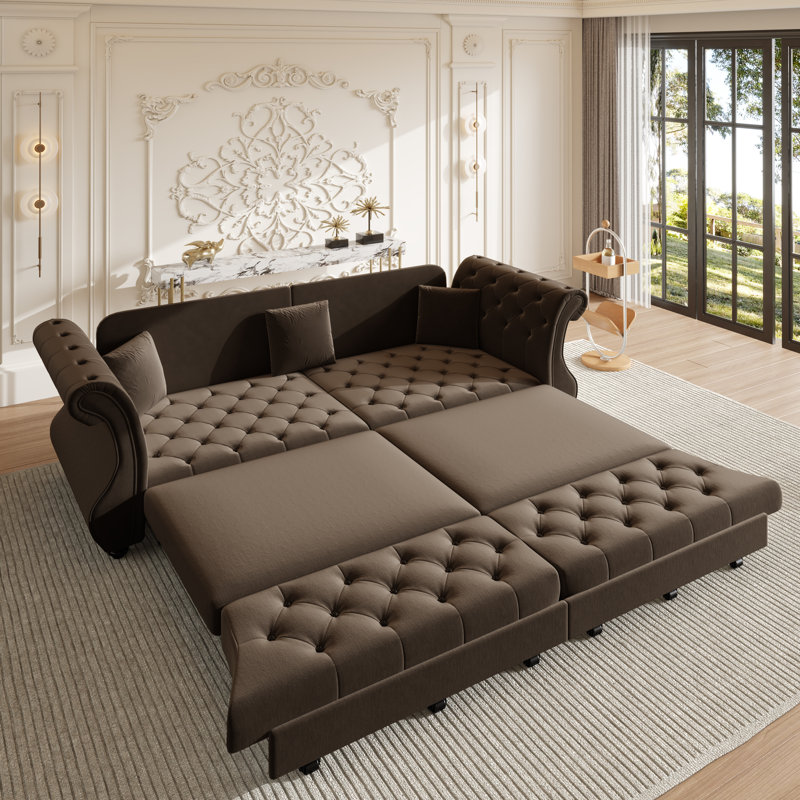 Canapé convertible surdimensionné 97,6 po Chesterfield, Brun, 34.62" H x 97.62" W x 32.72" D