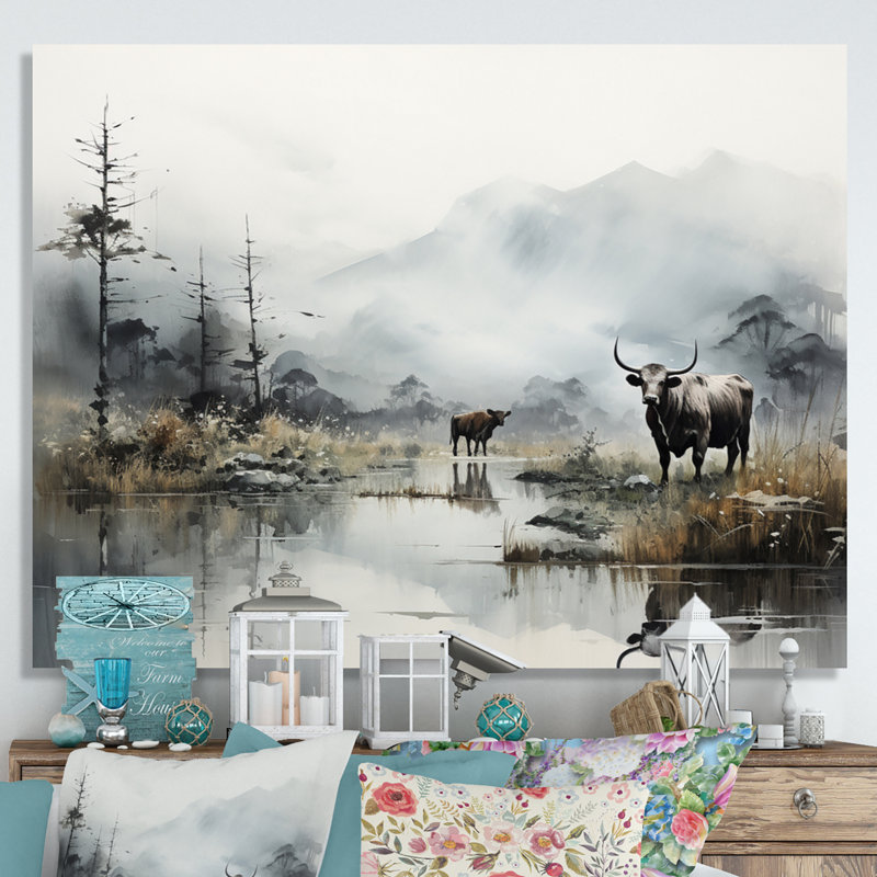 «Asian Art Cow Sumi» - reproduction d'art, H 12 po x l 20 po x P 1 po, Toile tendue