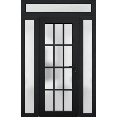 Porte d'entrée extérieure prémontée en PVC-U, verre dépoli, Manux 8312 Blanc Soie, 2 fenêtres latérales et supérieures, portes extérieures pour bureaux, commerces et habitations, entrée, patio, garage - L 14+36+14 x H 80+14 - Ouverture à gauche vers l'intérieur