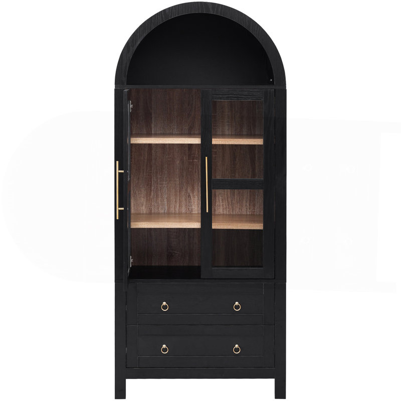 71" Tall Arched Kitchen Pantry Cabinet with 2 Large Drawers, Modern Farmhouse Kitchen Storage Cabinets with Adjustable Shelves, Glass Door, Wood Versatile Cupboard for Kitchens, Dining Room, Black