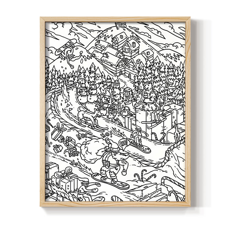 Snowboard Santa, reproduction encadrée - bois massif, H 21 po x l 17 po, Naturel