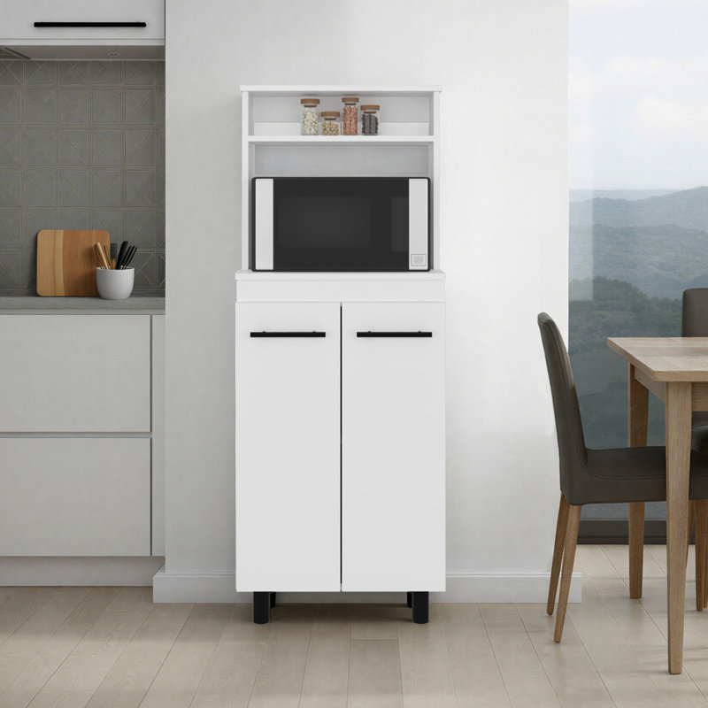 White Freestanding Kitchen Sideboard With 2-Door Cabinet, Shelves, And Compact Countertop For Dining Room Appliance Placement Storage Setup