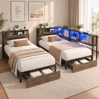 2 lits plateforme en métal (taille simple) avec bibliothèque de rangement intégrée, éclairage DEL, station de recharge, 2 tiroirs et têtes de lit avec rangement, 3 configurations, blanc