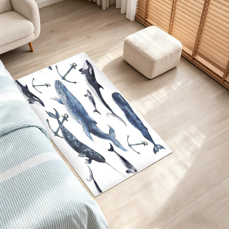 Tapis d'intérieur bleu à motif d'aquarelle et d'aquarelle lavable à la machine, Rectangle 32" x 47"