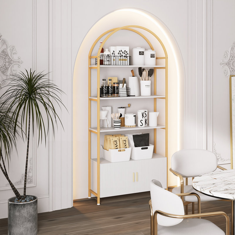 Rone Gold Bookshelf Arched Bookcase With Doors Hidden Storage Luxury Sideboard, Gold/White