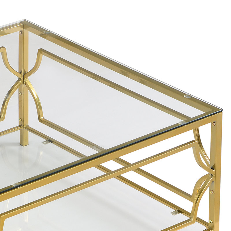 Square Glass Coffee Table in 33.5",Luxurious Geometric Metal Frame,Gold Finish & Lower Shelf, Clear