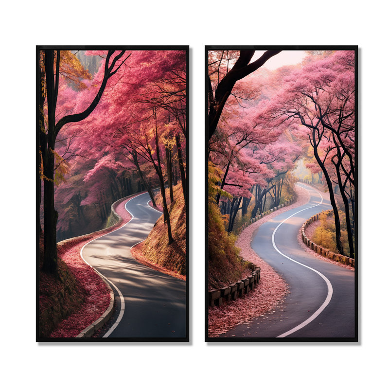 «Pink Blooming Road Into The Forest I», ensemble de 2 impressions sur toile routières, Cadre flottant noir, H 32 po x l 33 po