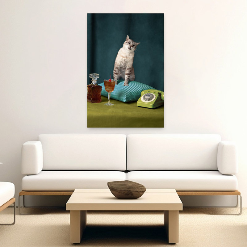Chat sur coussin décoratif abstrait, art mural contemporain, H 60 po x l 40 po