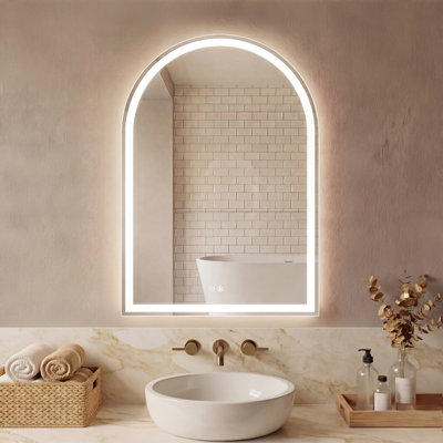 Wall-Mounted Arched Mirror LED Anti-Fog Bathroom Mirror, Adjustable Brightness and Colour Temperature Vanity Mirror