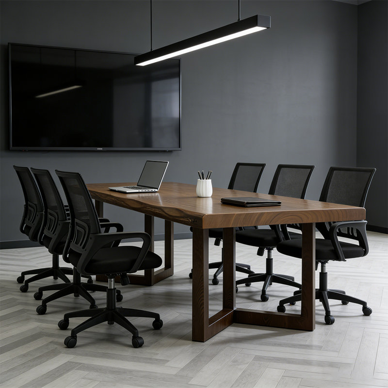 Ensemble de table de conférence en bois massif pour 8 personnes avec chaises de bureau ergonomiques