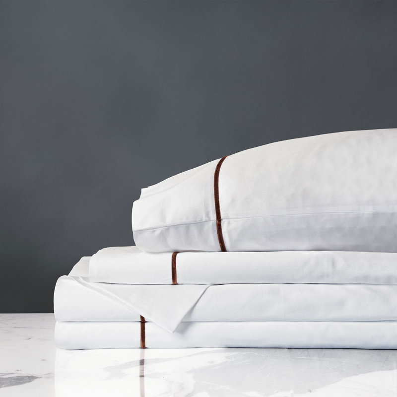 Linea Egyptian Cotton Sateen Sheet Set, Queen, White/Walnut
