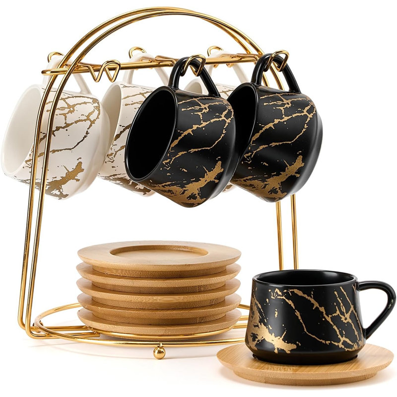 Tasses à espresso en céramique avec soucoupes et support en métal, petit ensemble de 6 tasses à demitasse en porcelaine 4 oz