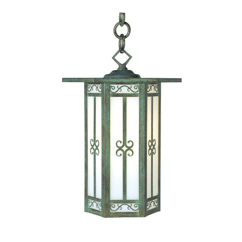 Lanterne suspendue extérieure à 1 lumière Lily, 15" H x 11" W, Verdigris Patina, Ambre Mica