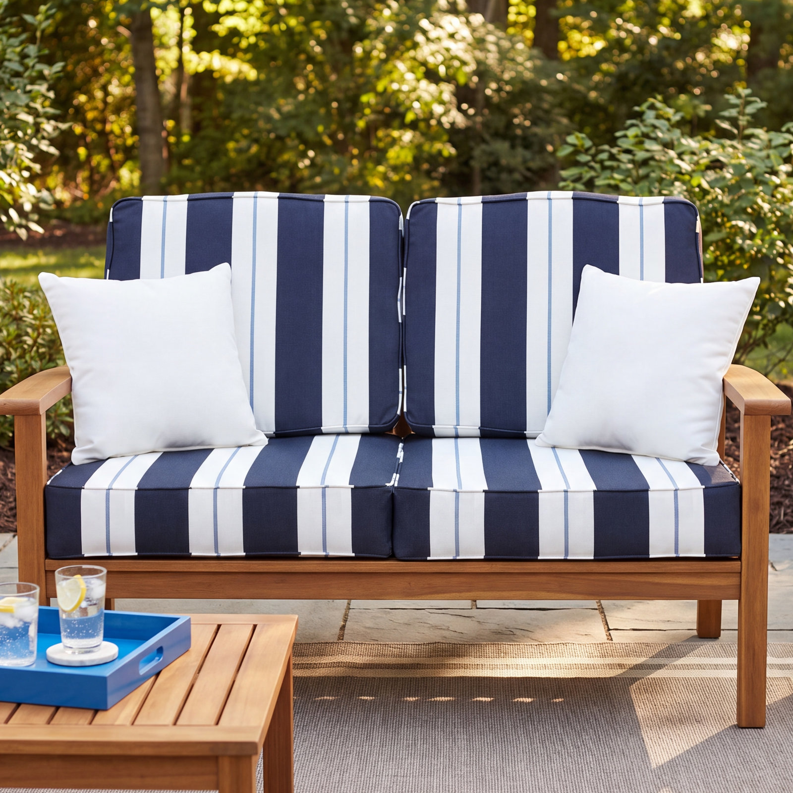 Deana Sunbrella® Seat and Back Cushion, Navy Stripe Sunbrella®, 27" W x 23" D