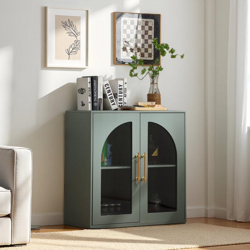 Modern Natural Buffet Sideboard, 31.5" Wide With 2 Arched Glass Doors & 2 Adjustable Shelves, Storage Cabinet For Living Room, Kitchen & Dining Room(dark Green)