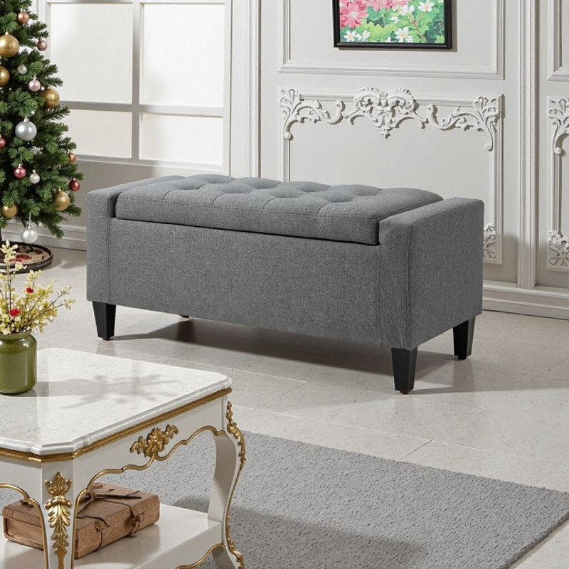 Banc de rangement rembourré en lin de 36,25 pouces avec dessus relevable, capitonnage à boutons et pieds en bois d'hévéa
