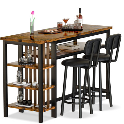 Ensemble table de bar et 2 tabourets de bar, table haute de style industriel avec étagères latérales à 3 niveaux et chaises de bar en similicuir, ensemble table de bar pour petit espace de cuisine