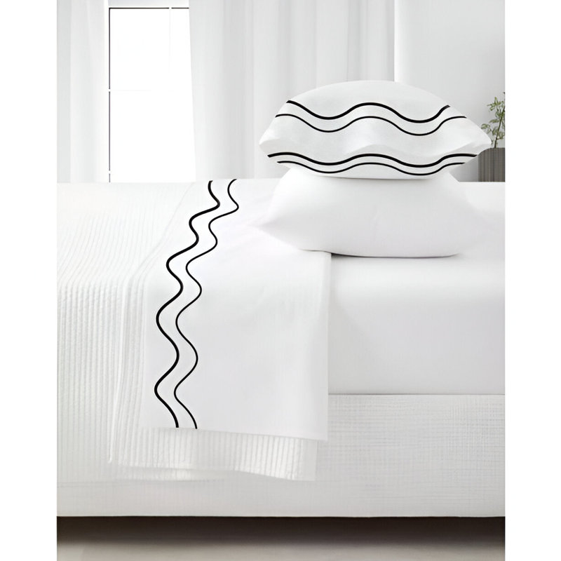 Double Wavy Embroidered Cotton 4 Piece Sheet Set Fitted Sheet Fits Upto 16" Deep Pocket, Black Border