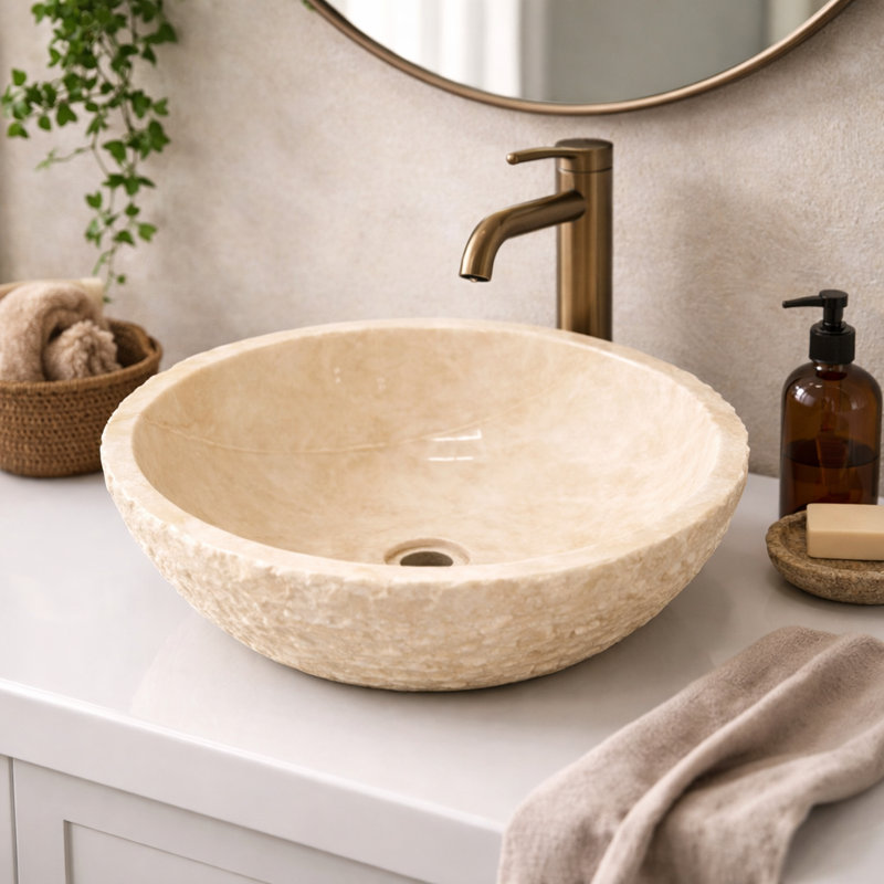 Golden Wheat Marble Vessel Sink – 17" Round Textured Exterior Natural Stone Bathroom Sink