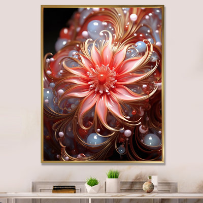«Radiant Blossoming», fleur rose avec perles blanches sur toile