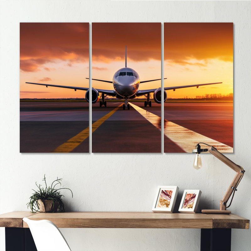 Avion au coucher du soleil II sur toile, reproduction de 3 pièces, H 28 po x l 36 po x P 1 po