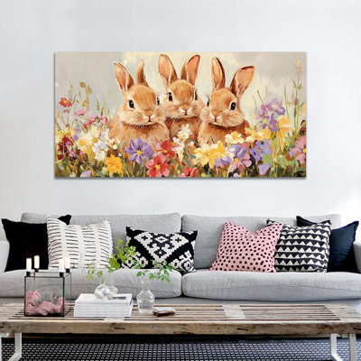 Art mural de lapin de Pâques GUTTATY, décoration murale de photos de lapin de Pâques au printemps, décoration murale de fleurs de lapin et de printemps, impressions de Pâques pour le salon, la chambre d'enfant, la chambre d'enfant, la chambre de bébé prête à être suspendue 24 po x 48 po