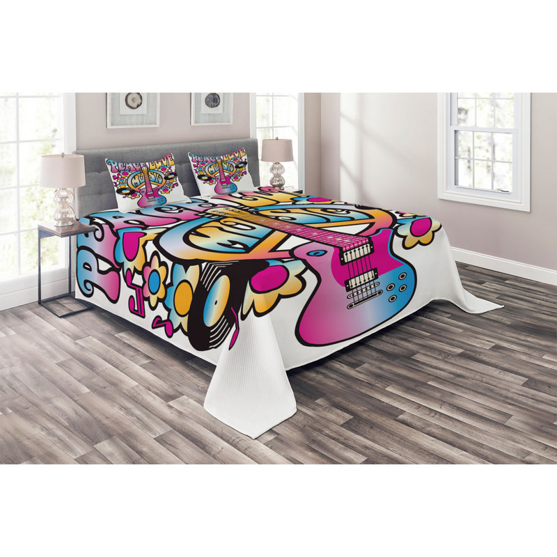 Colorful Peace Love Music Queen Quilted Bedspread Set