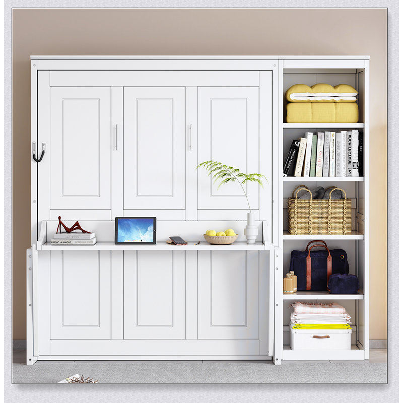 Murphy Bed With Desk And Bookshelf, Lit double, Blanc
