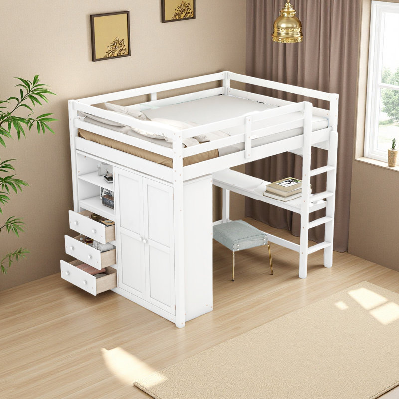 Wood Full Size Loft Bed With Built-In Wardrobe, Desk, Storage Shelves And Drawers, White
