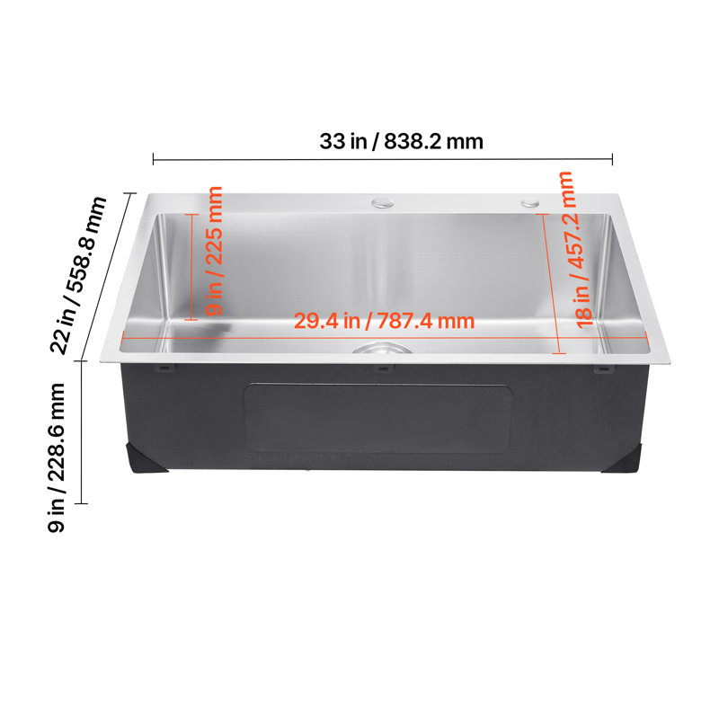 Évier de cuisine encastré à simple cuve en acier inoxydable 33 po L