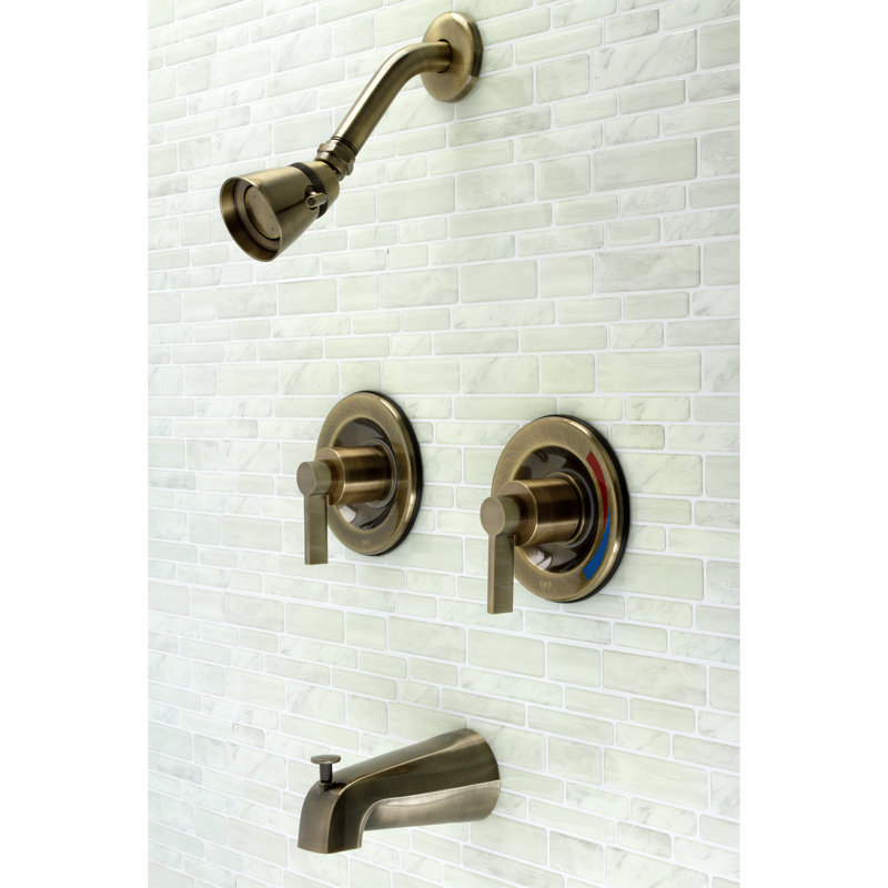Kingston Brass NuvoFusion Double-Handle Pressure Balanced Tub and Shower Faucet, Antique Brass