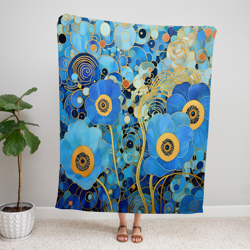 Throw Blanket, 51" W x 60" L, Floral/Abstract, Blue/Orange/Gold
